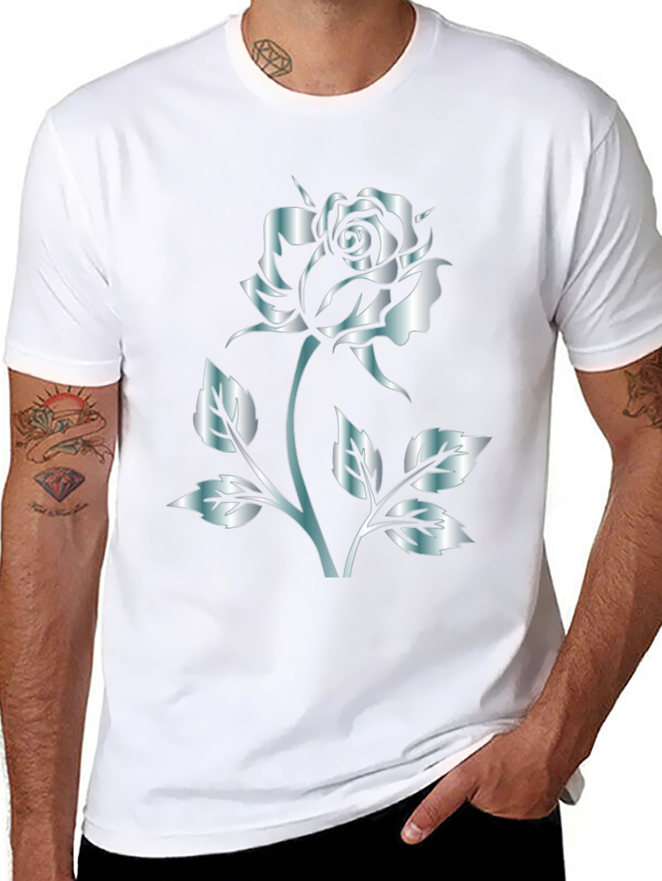 Black Rose Graphic Tee - Stylish Silver Flower Design