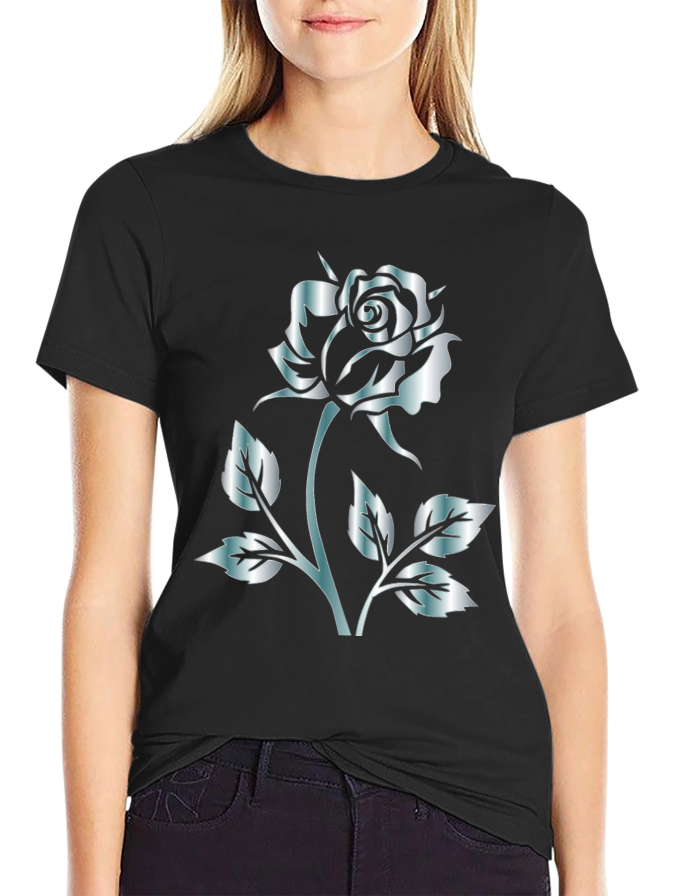 Black Rose Graphic Tee - Stylish Silver Flower Design