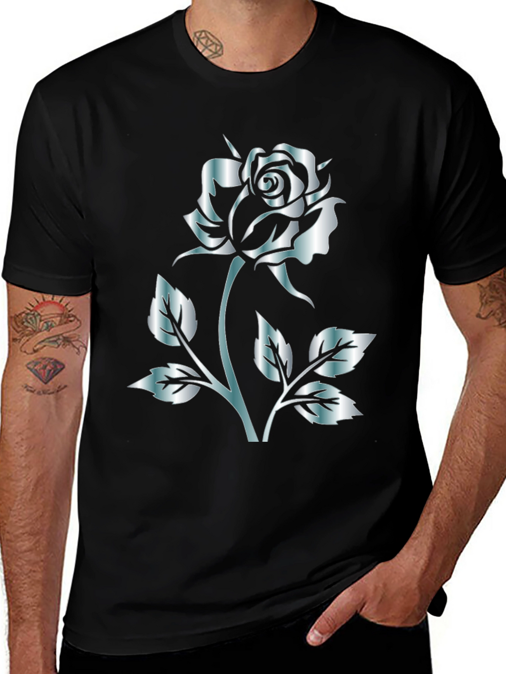 Black Rose Graphic Tee - Stylish Silver Flower Design