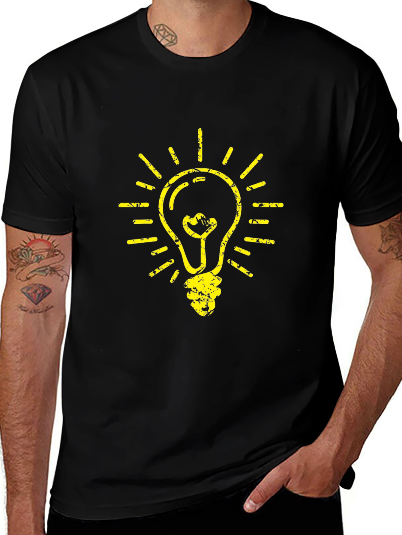 Black T-Shirt with Yellow Light Bulb Graphic