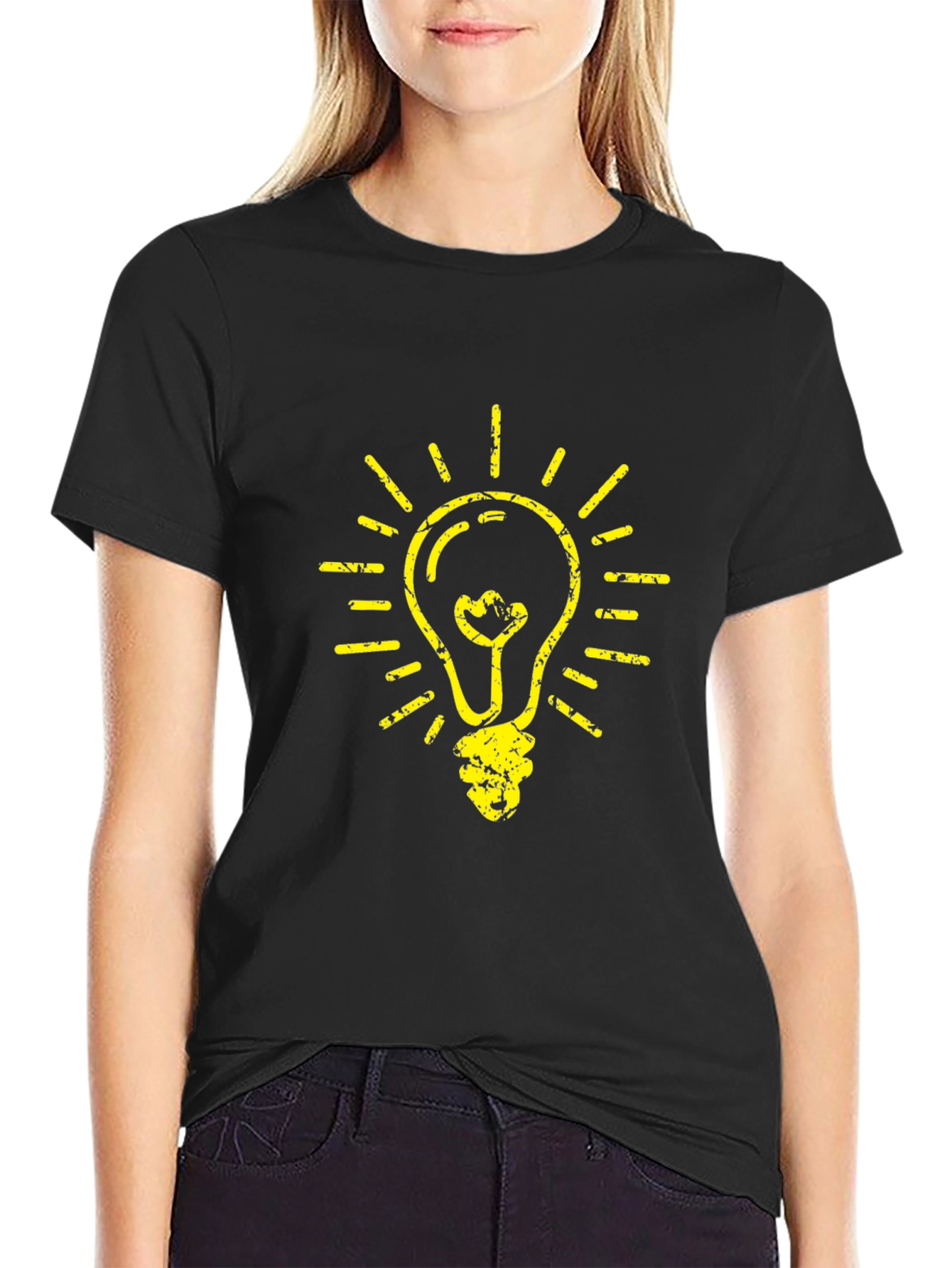 Black T-Shirt with Yellow Light Bulb Graphic