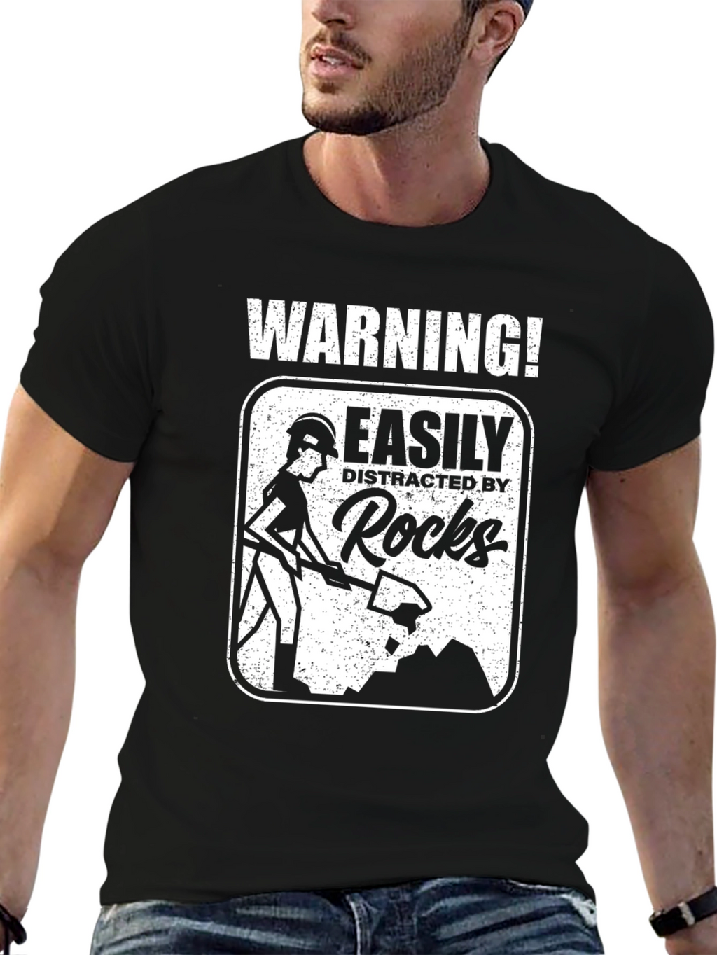 Warning! Easily Distracted By Rocks Black T-Shirt