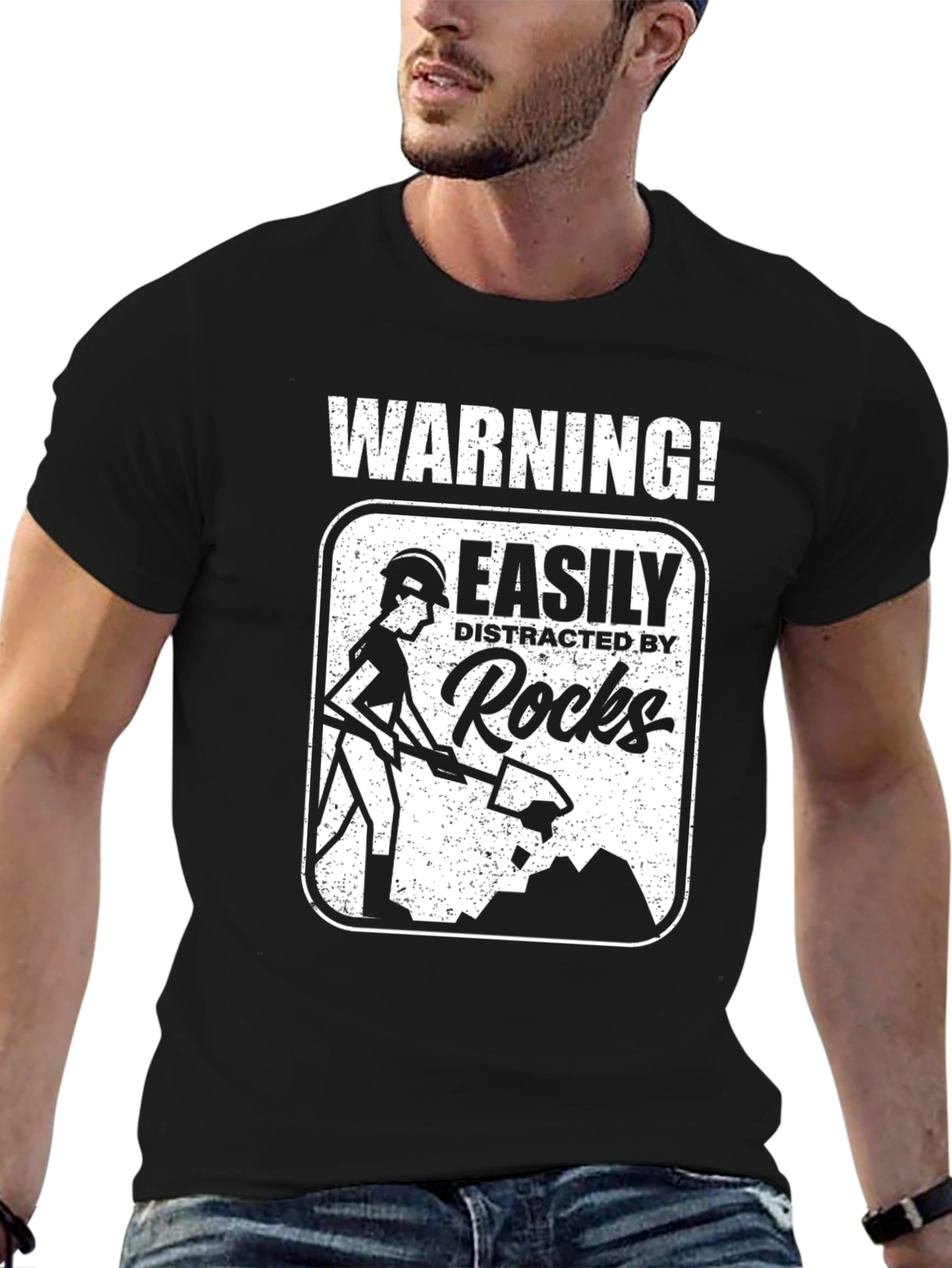 Warning! Easily Distracted By Rocks Black T-Shirt