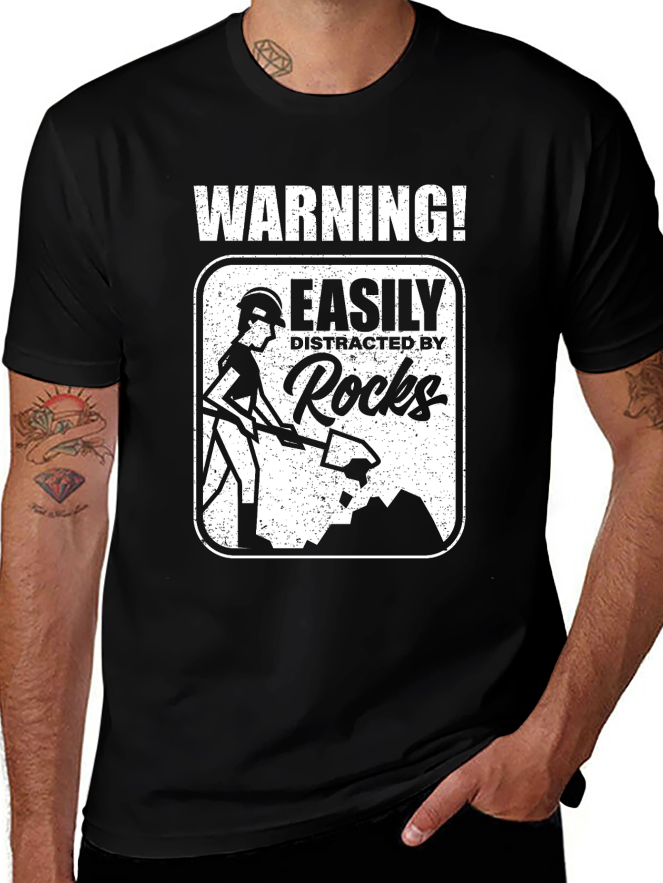 Warning! Easily Distracted By Rocks Black T-Shirt