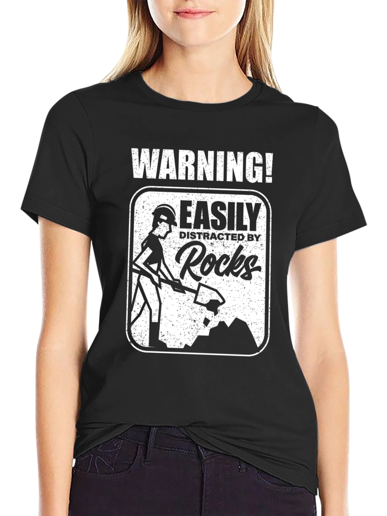 Warning! Easily Distracted By Rocks Black T-Shirt
