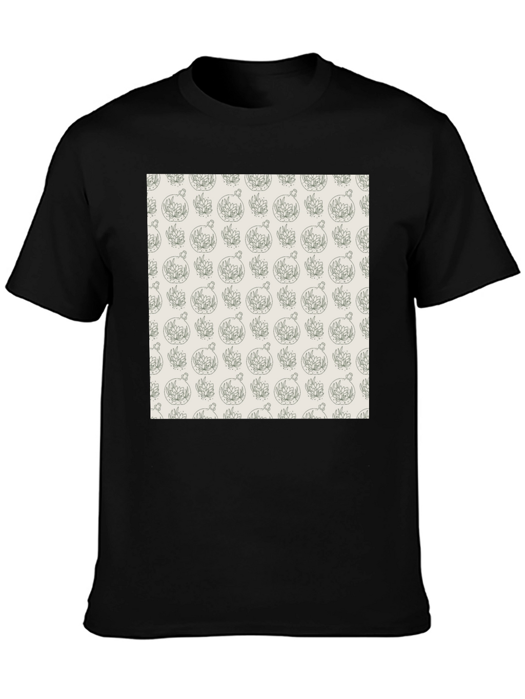 Black T-Shirt with Unique Terrarium Plant Pattern