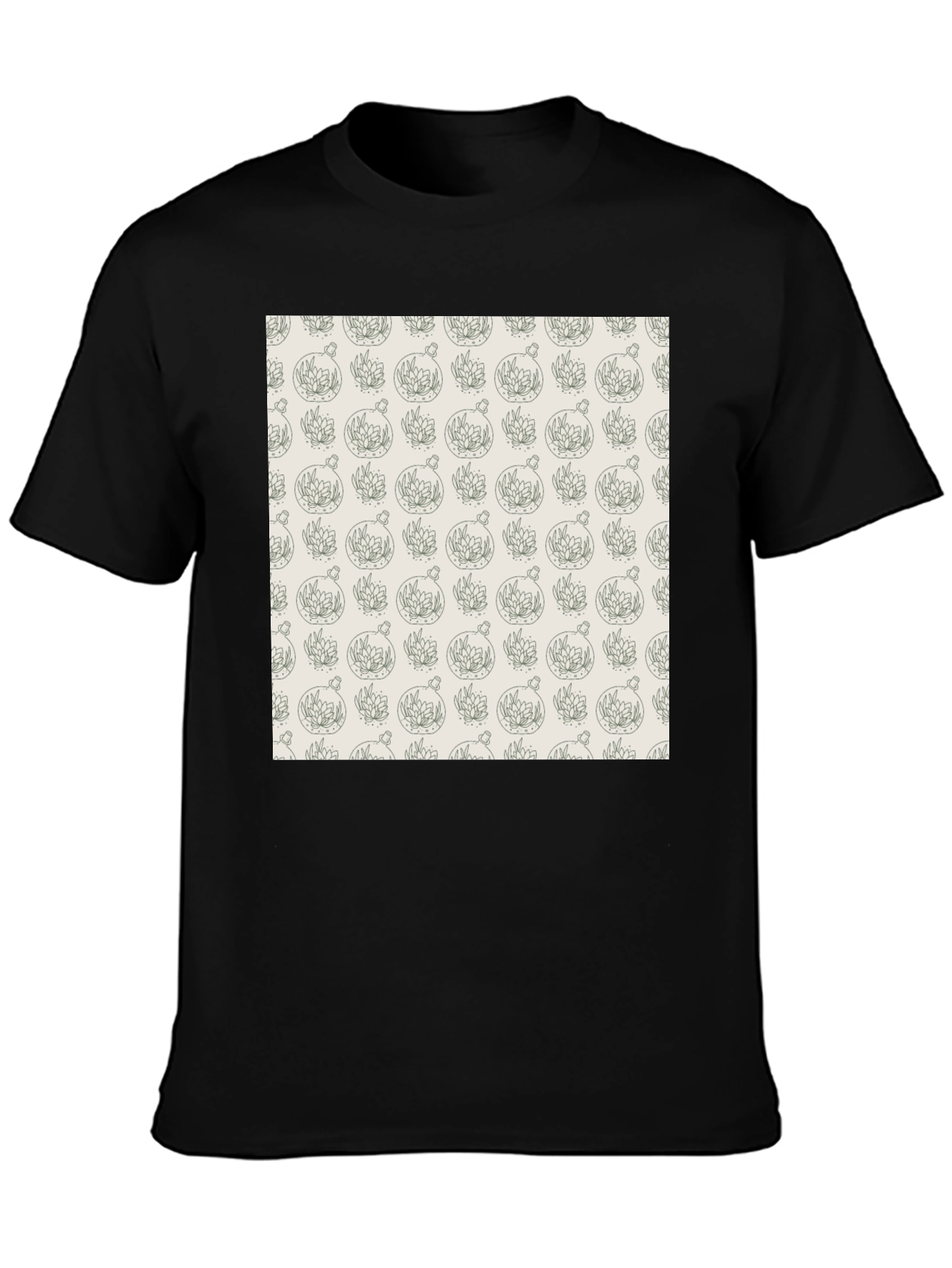 Black T-Shirt with Unique Terrarium Plant Pattern
