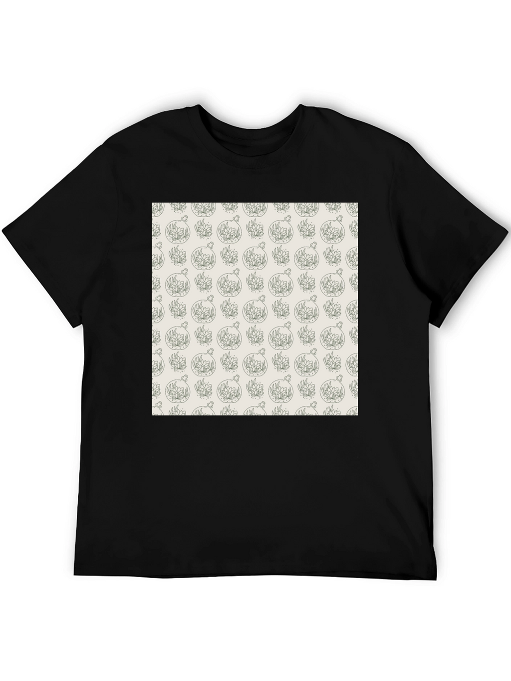 Black T-Shirt with Unique Terrarium Plant Pattern
