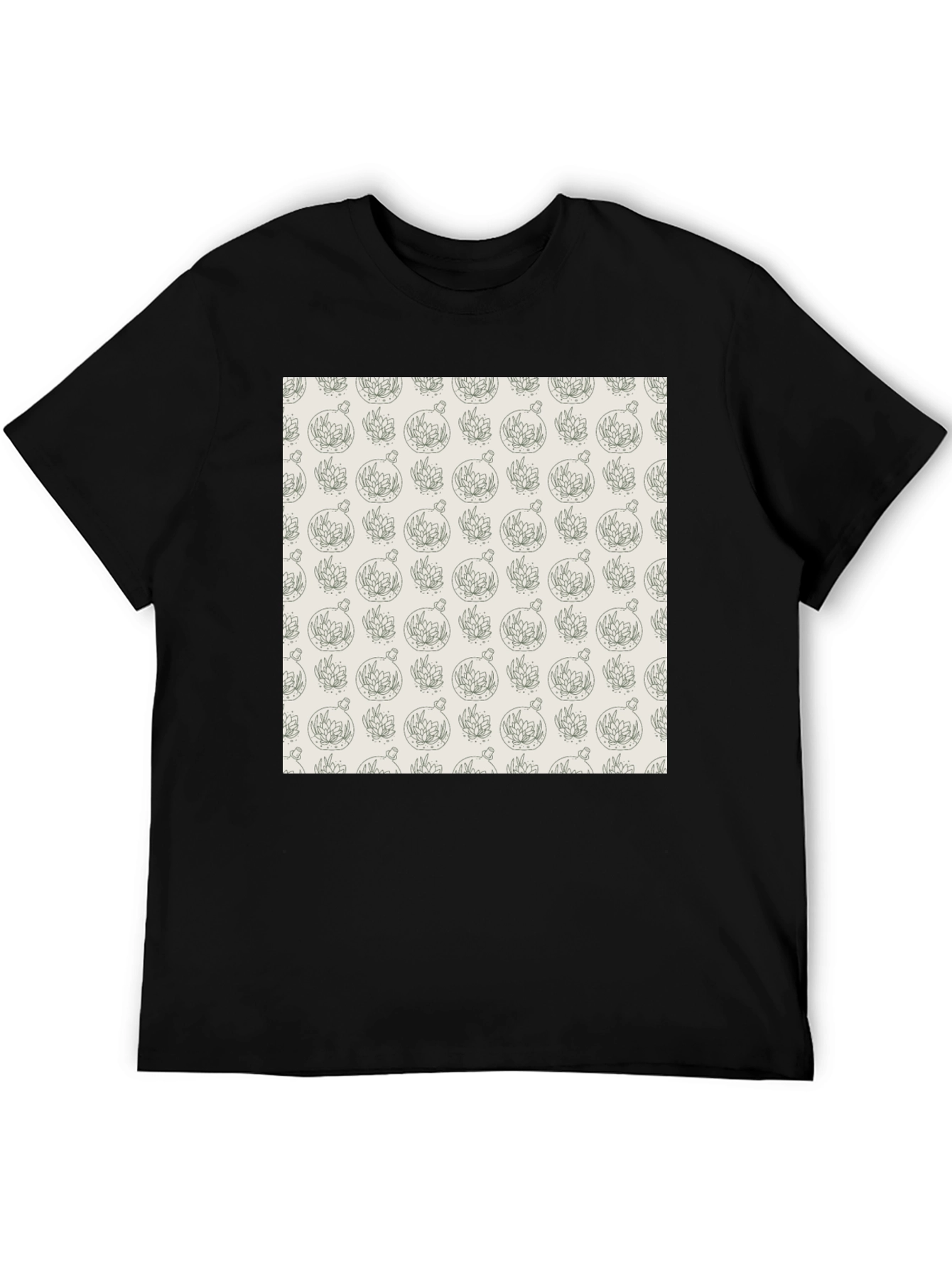 Black T-Shirt with Unique Terrarium Plant Pattern