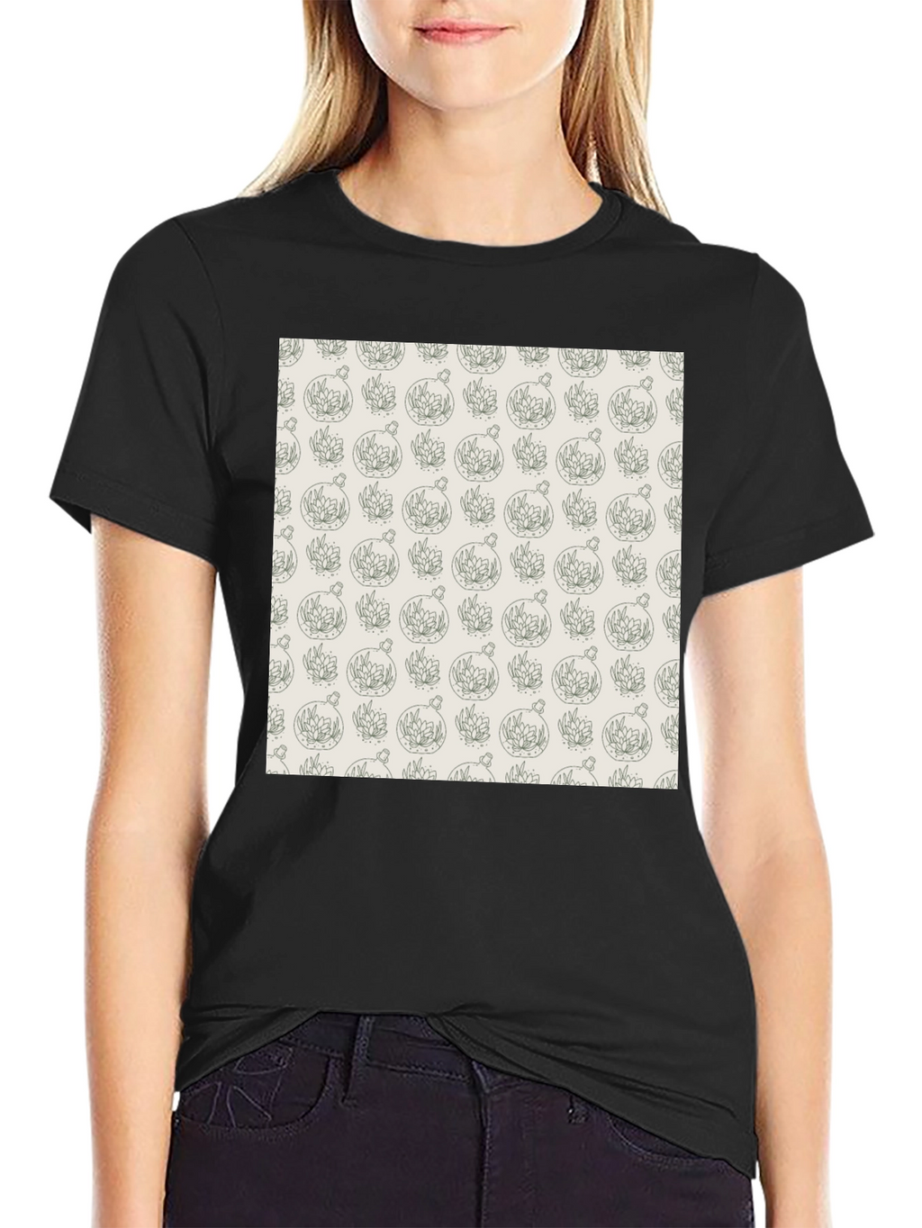 Black T-Shirt with Unique Terrarium Plant Pattern