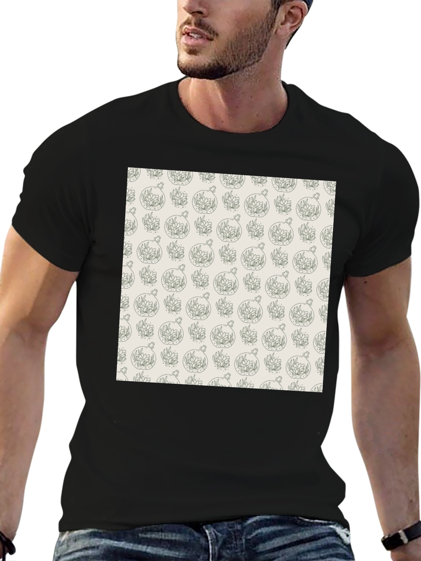 Black T-Shirt with Unique Terrarium Plant Pattern
