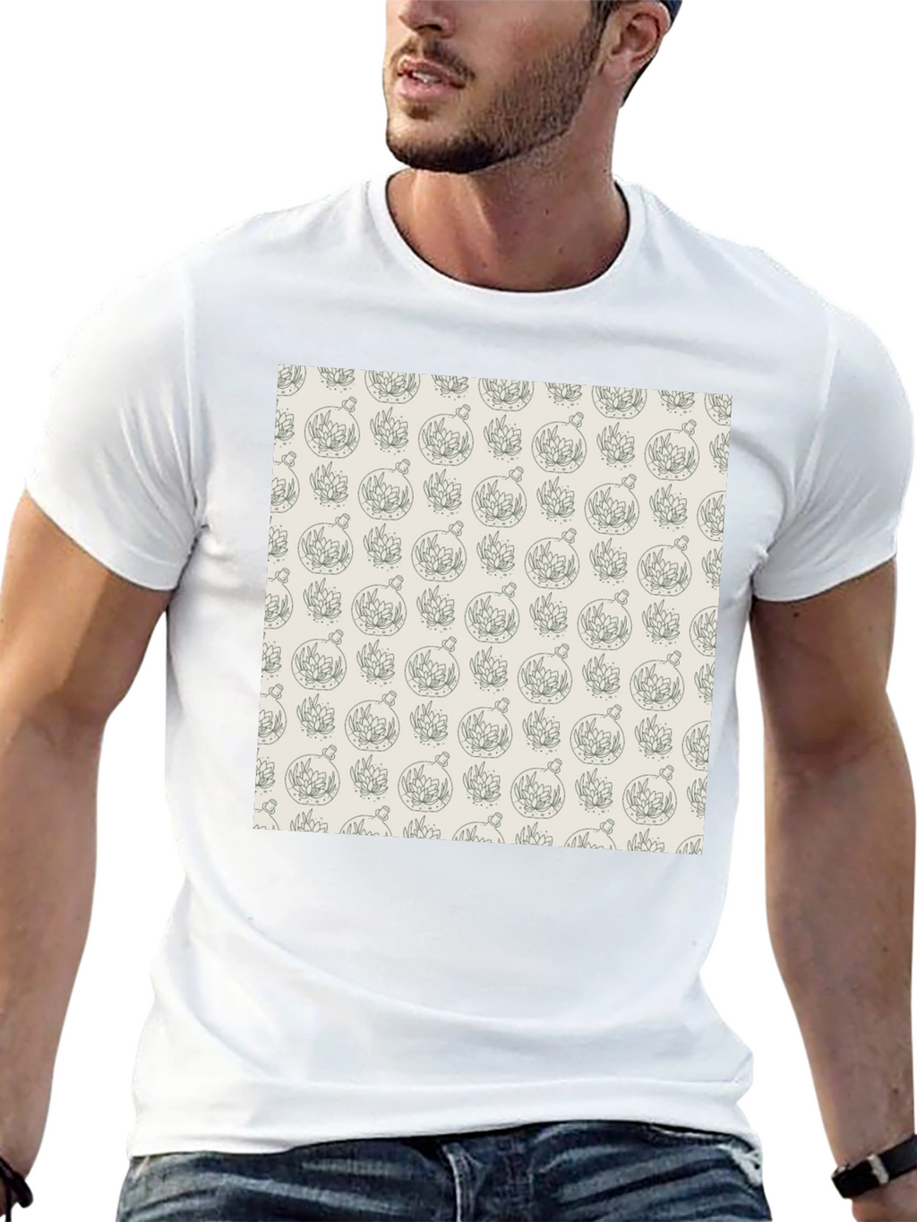 Black T-Shirt with Unique Terrarium Plant Pattern