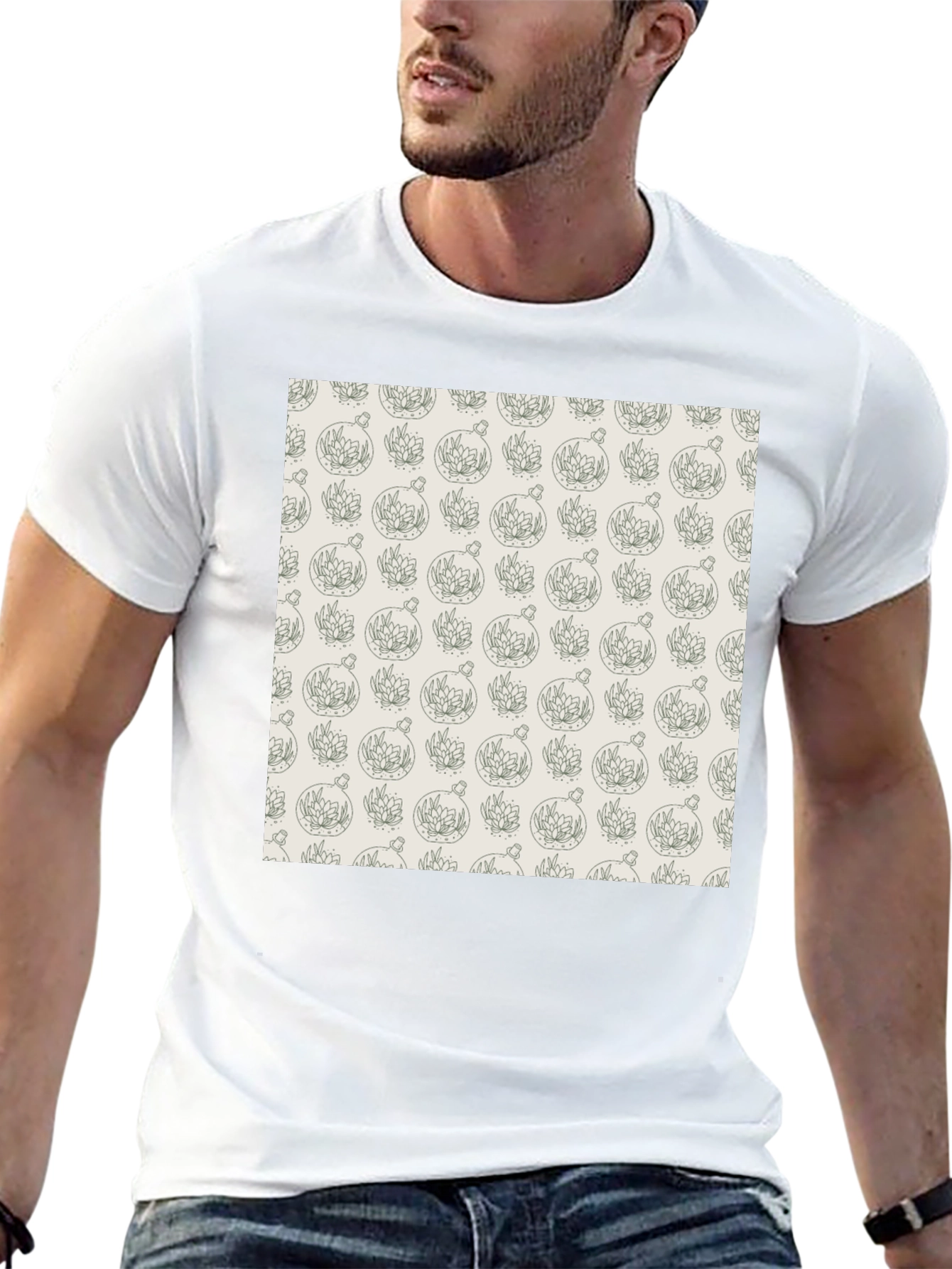 Black T-Shirt with Unique Terrarium Plant Pattern