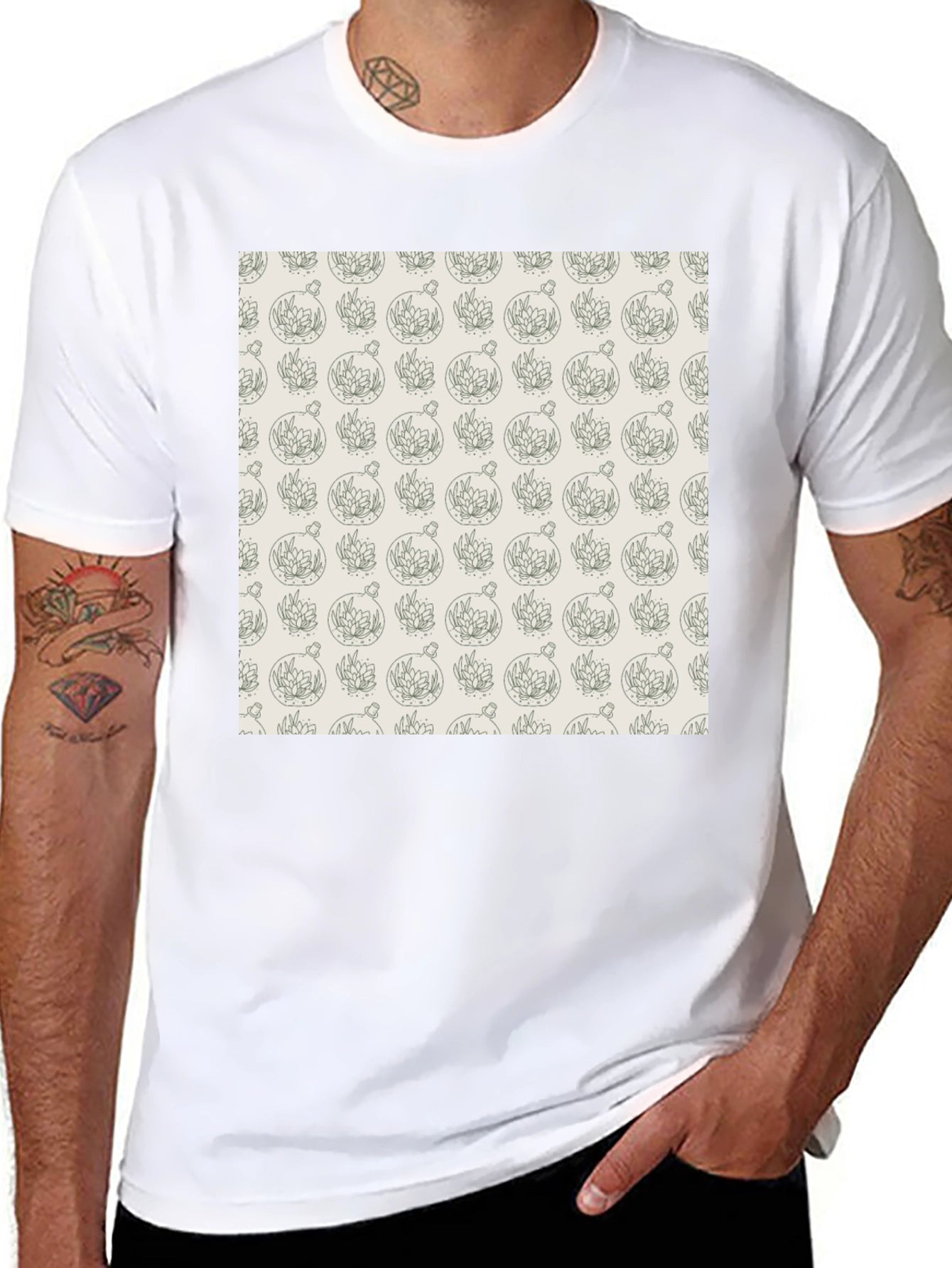 Black T-Shirt with Unique Terrarium Plant Pattern