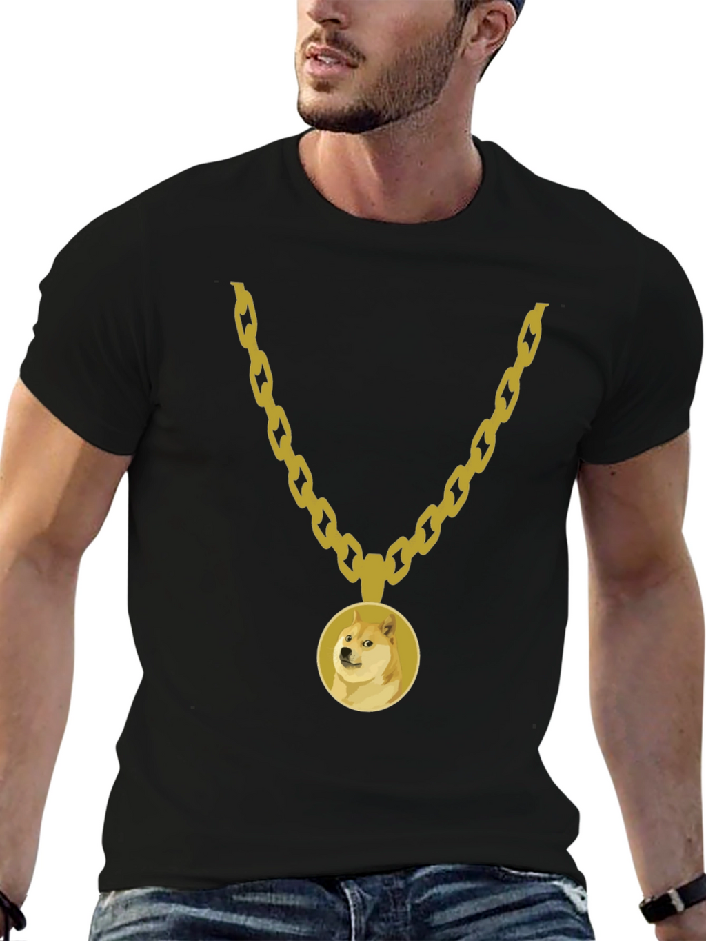 Doge Gold Chain Black Tee - Trendy Meme Apparel