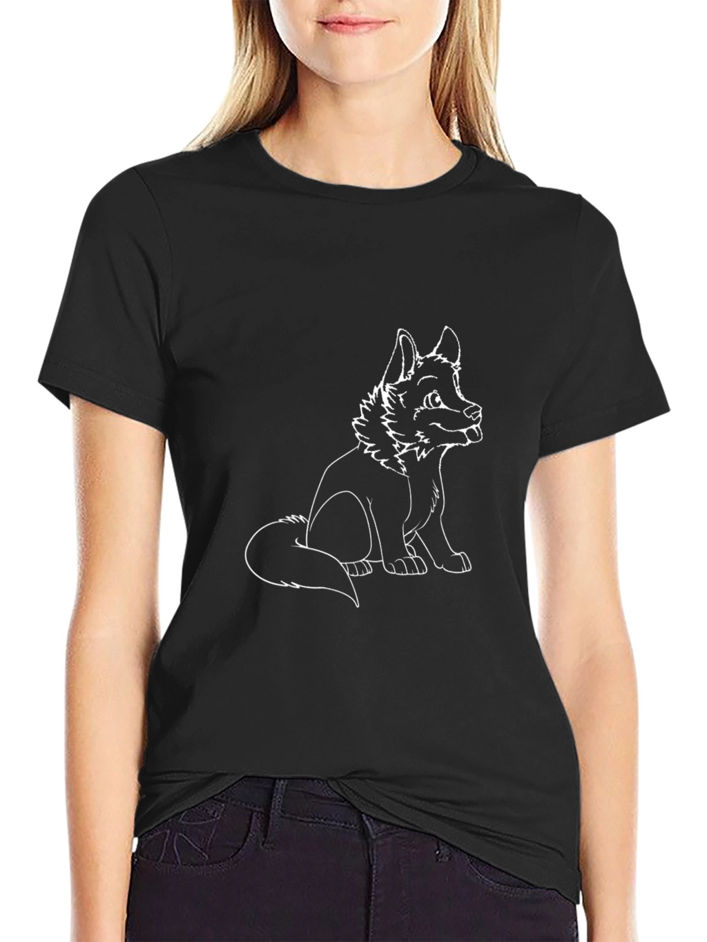 Black T-Shirt with Cute White Dog Print