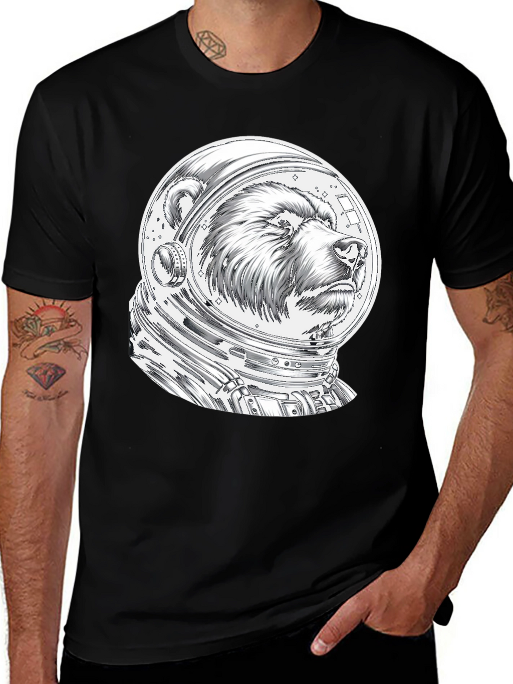 Bear Astronaut Graphic Tee - Black Cotton T-Shirt