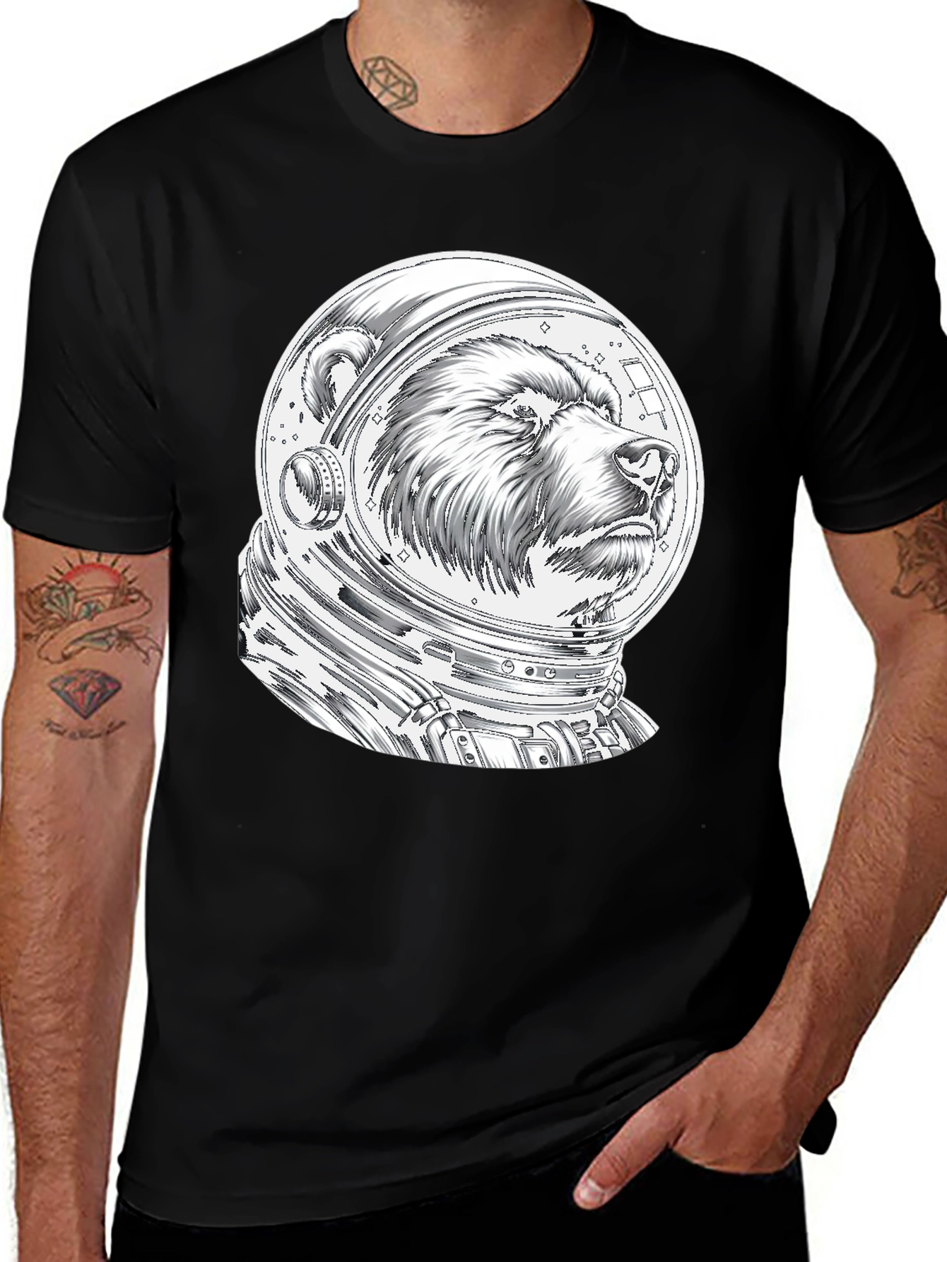 Bear Astronaut Graphic Tee - Black Cotton T-Shirt
