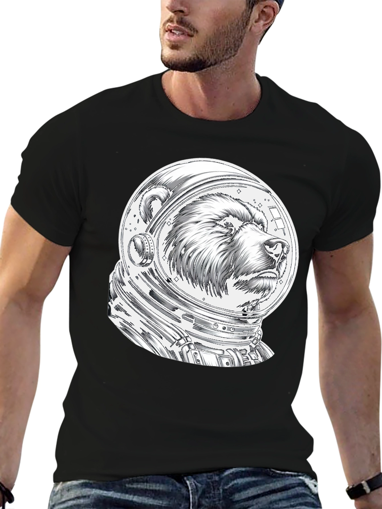 Bear Astronaut Graphic Tee - Black Cotton T-Shirt