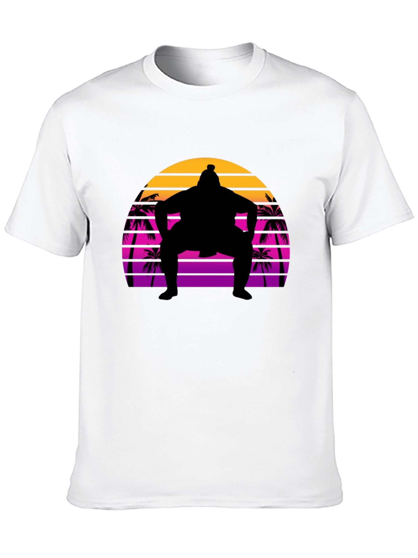 Sumo Sunset T-Shirt - Retro Palm Tree Wrestler Tee