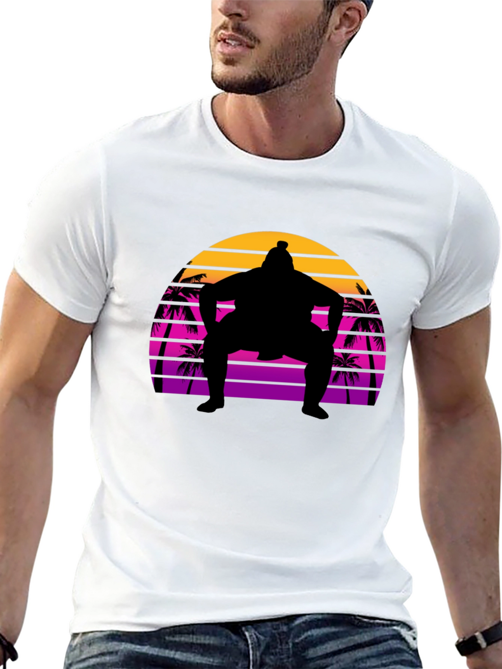 Sumo Sunset T-Shirt - Retro Palm Tree Wrestler Tee