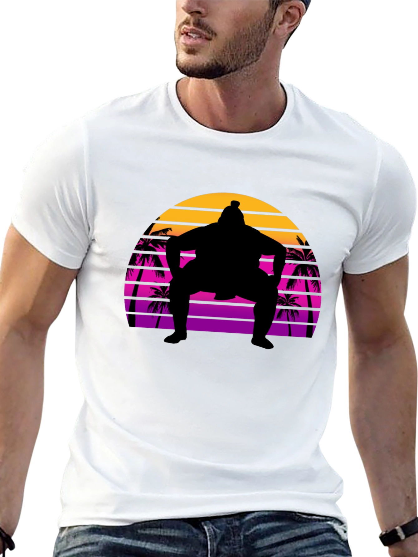 Sumo Sunset T-Shirt - Retro Palm Tree Wrestler Tee