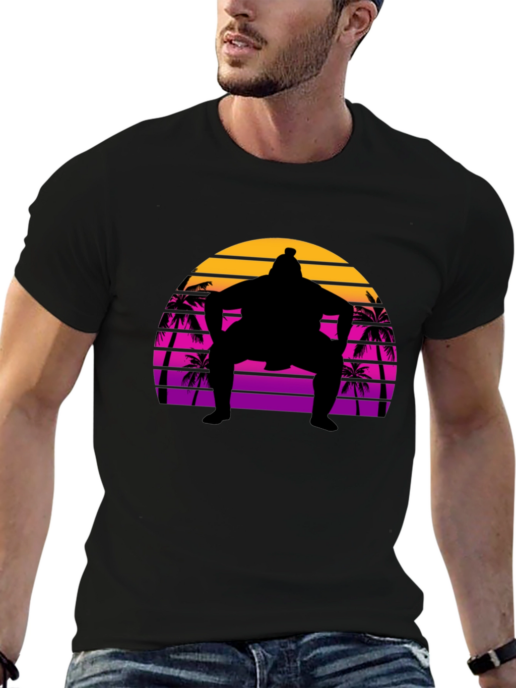 Sumo Sunset T-Shirt - Retro Palm Tree Wrestler Tee