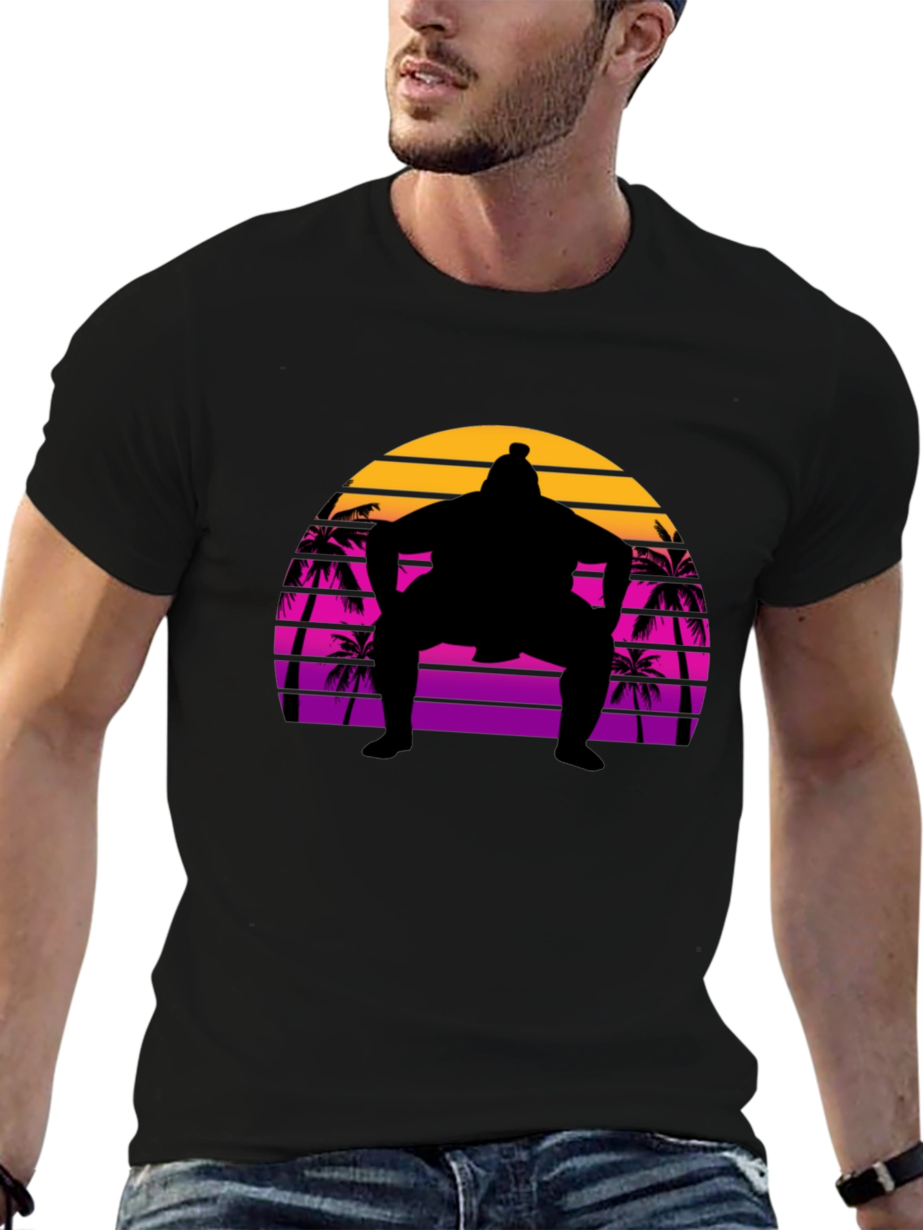Sumo Sunset T-Shirt - Retro Palm Tree Wrestler Tee