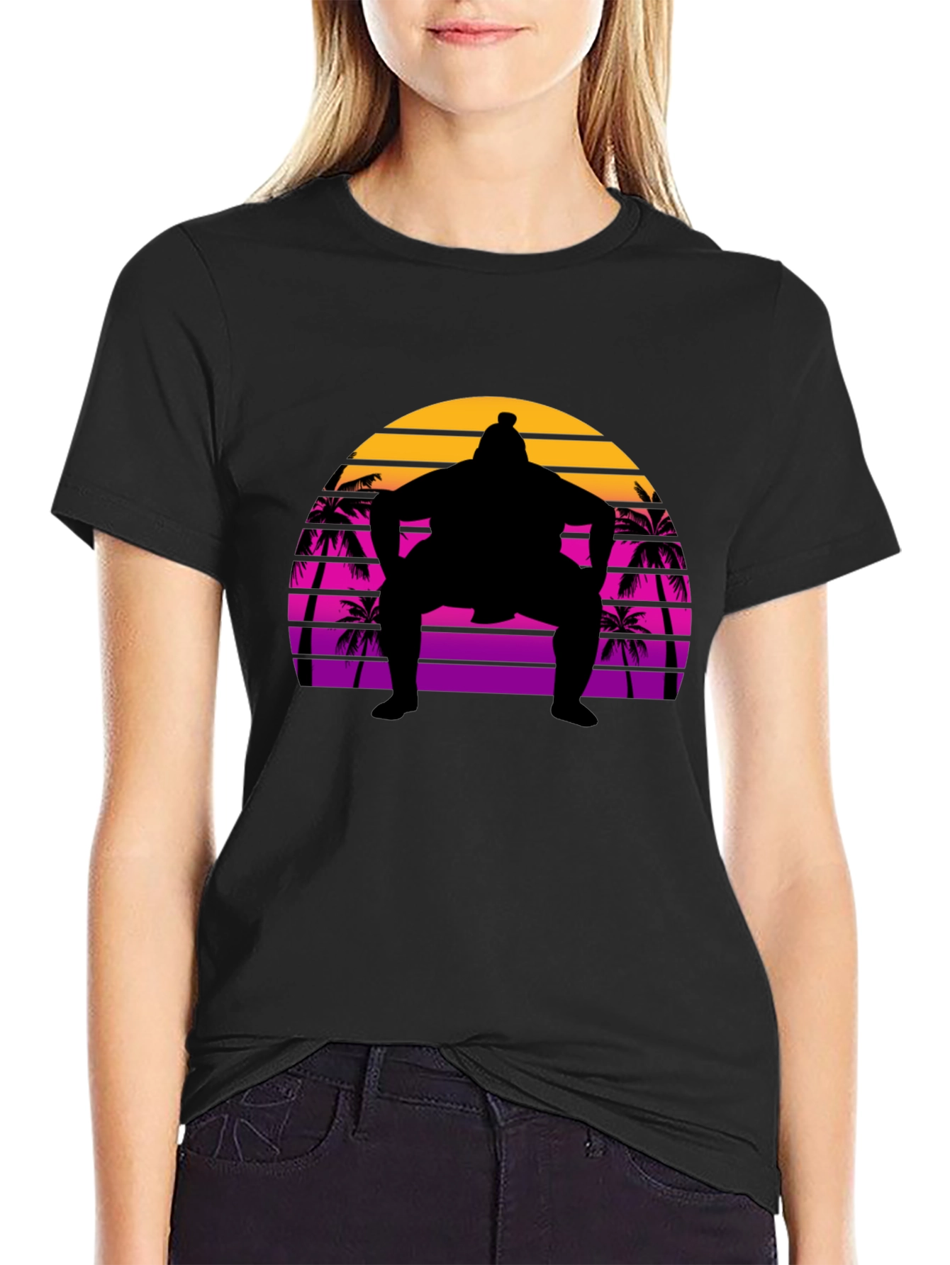 Sumo Sunset T-Shirt - Retro Palm Tree Wrestler Tee
