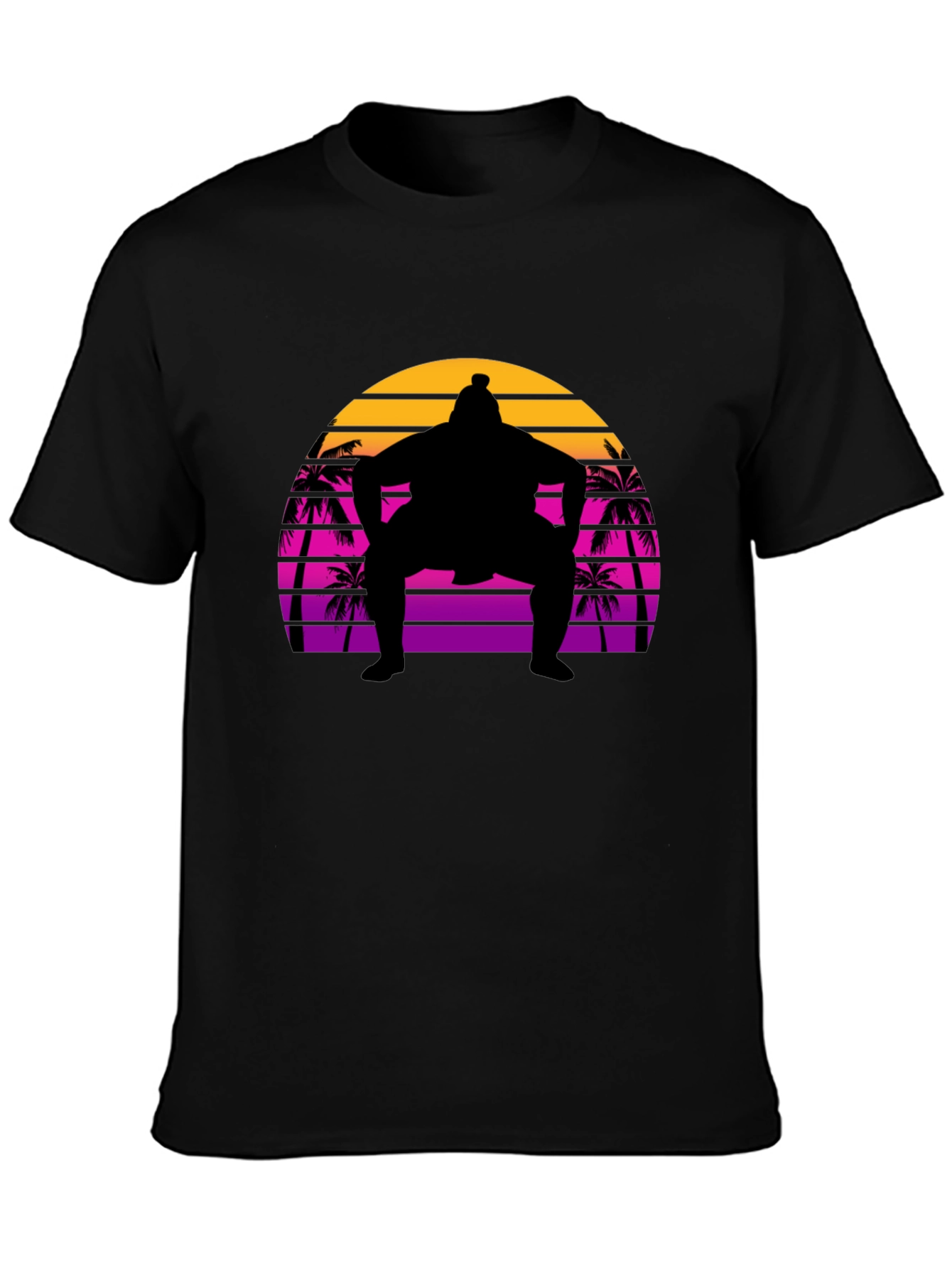 Sumo Sunset T-Shirt - Retro Palm Tree Wrestler Tee