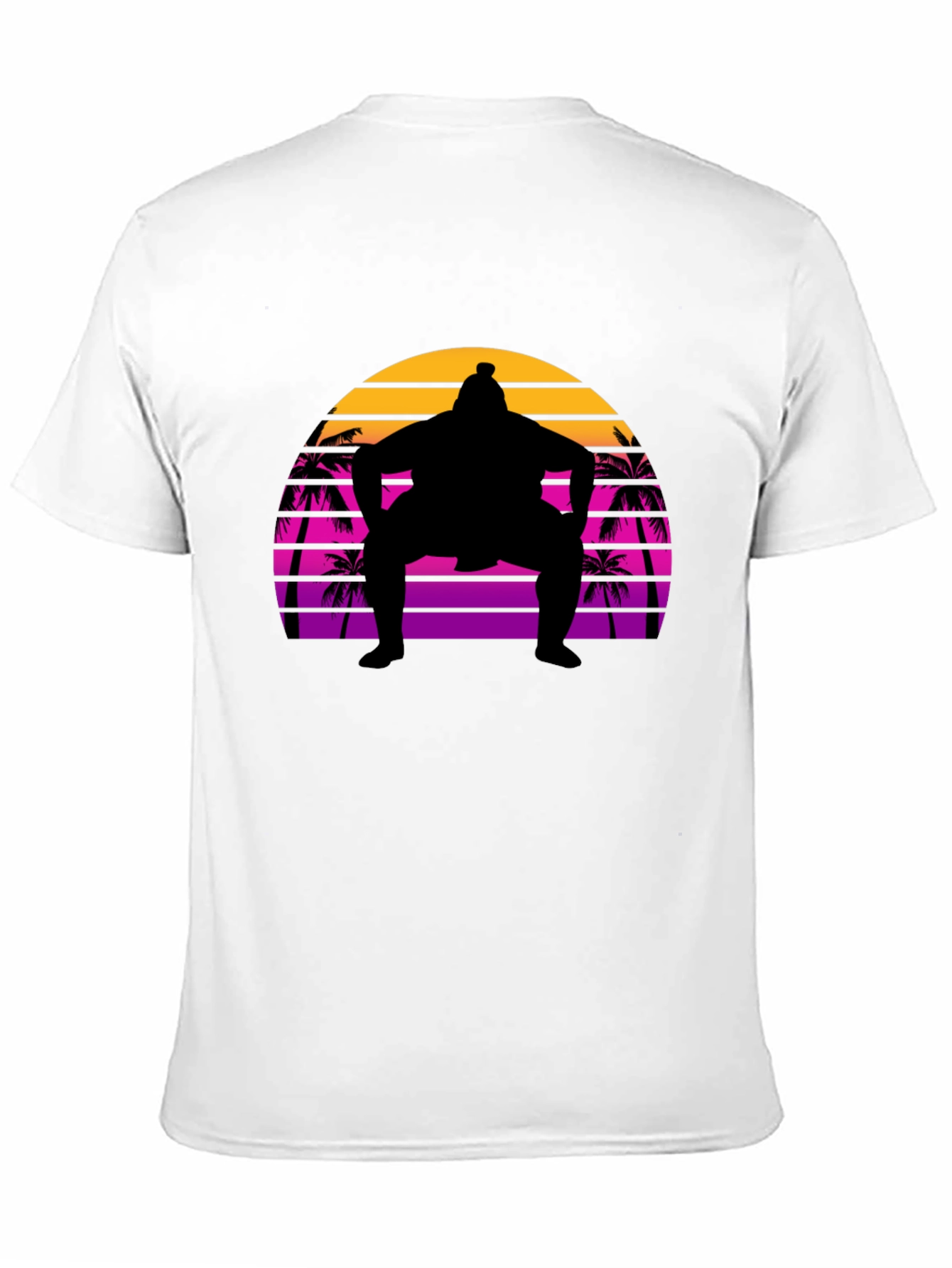 Sumo Sunset T-Shirt - Retro Palm Tree Wrestler Tee