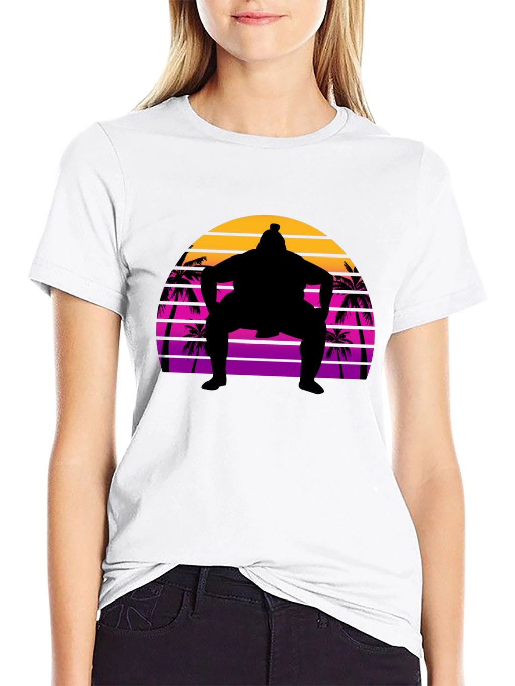 Sumo Sunset T-Shirt - Retro Palm Tree Wrestler Tee