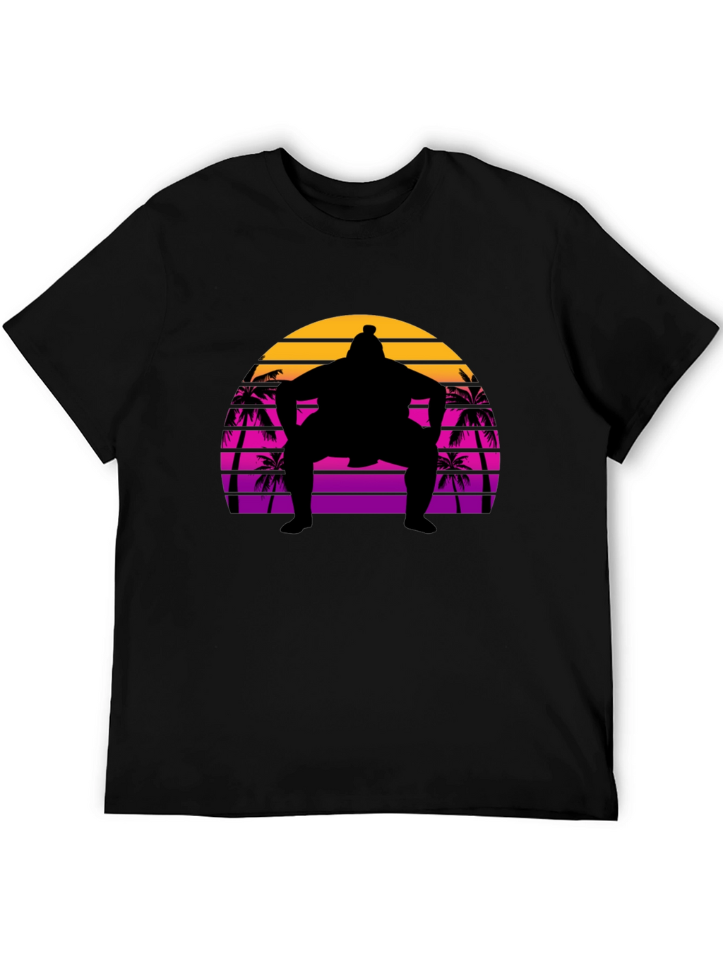 Sumo Sunset T-Shirt - Retro Palm Tree Wrestler Tee