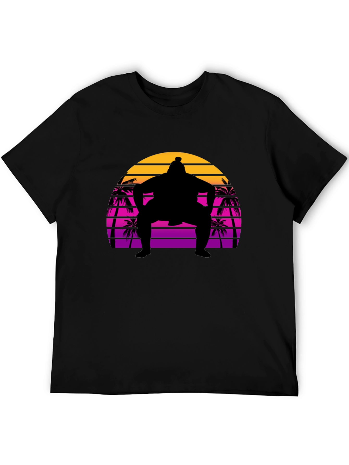 Sumo Sunset T-Shirt - Retro Palm Tree Wrestler Tee