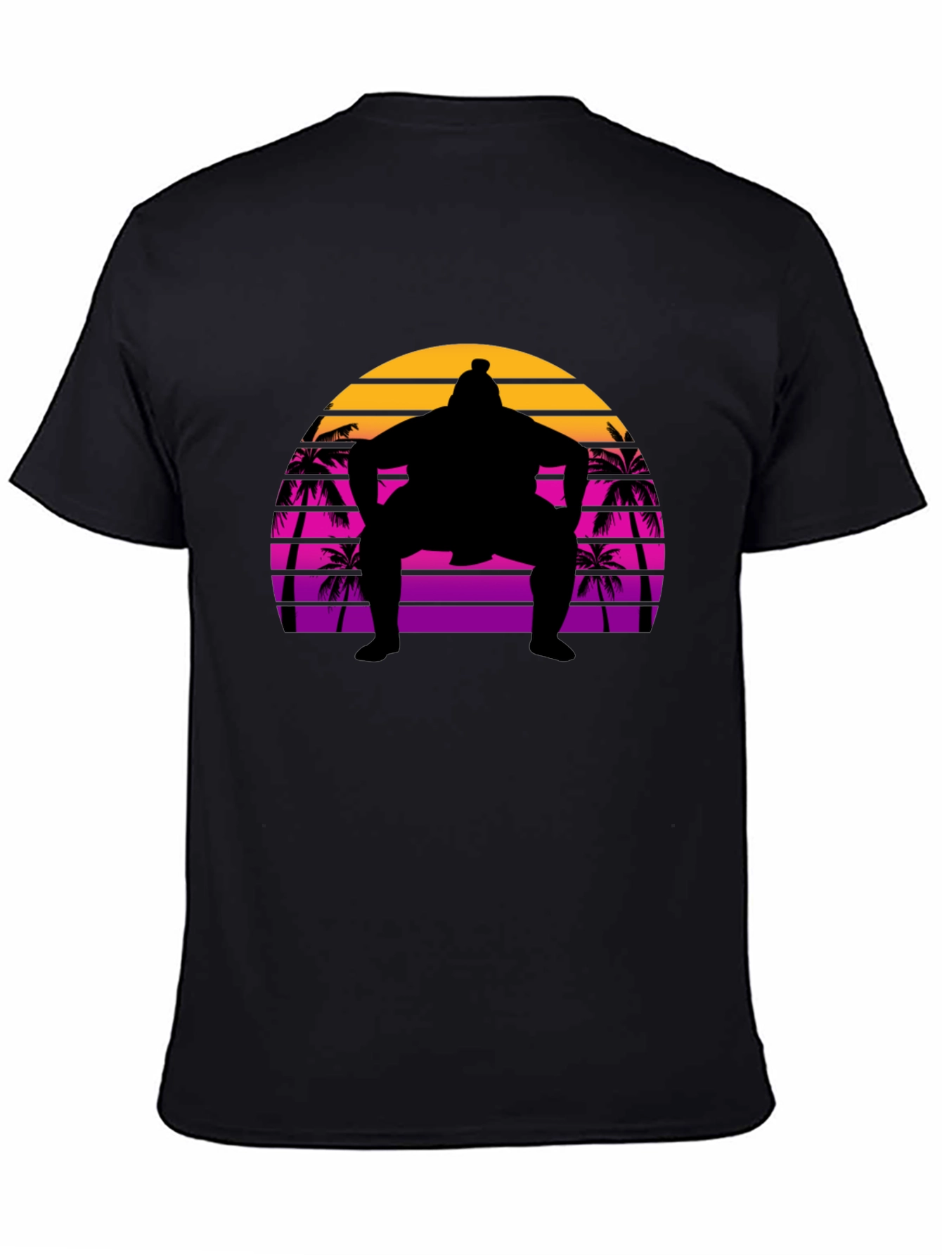 Sumo Sunset T-Shirt - Retro Palm Tree Wrestler Tee