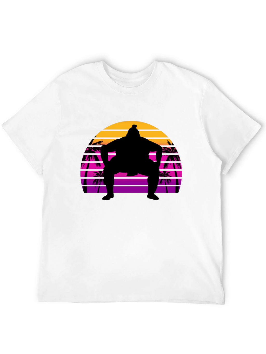 Sumo Sunset T-Shirt - Retro Palm Tree Wrestler Tee