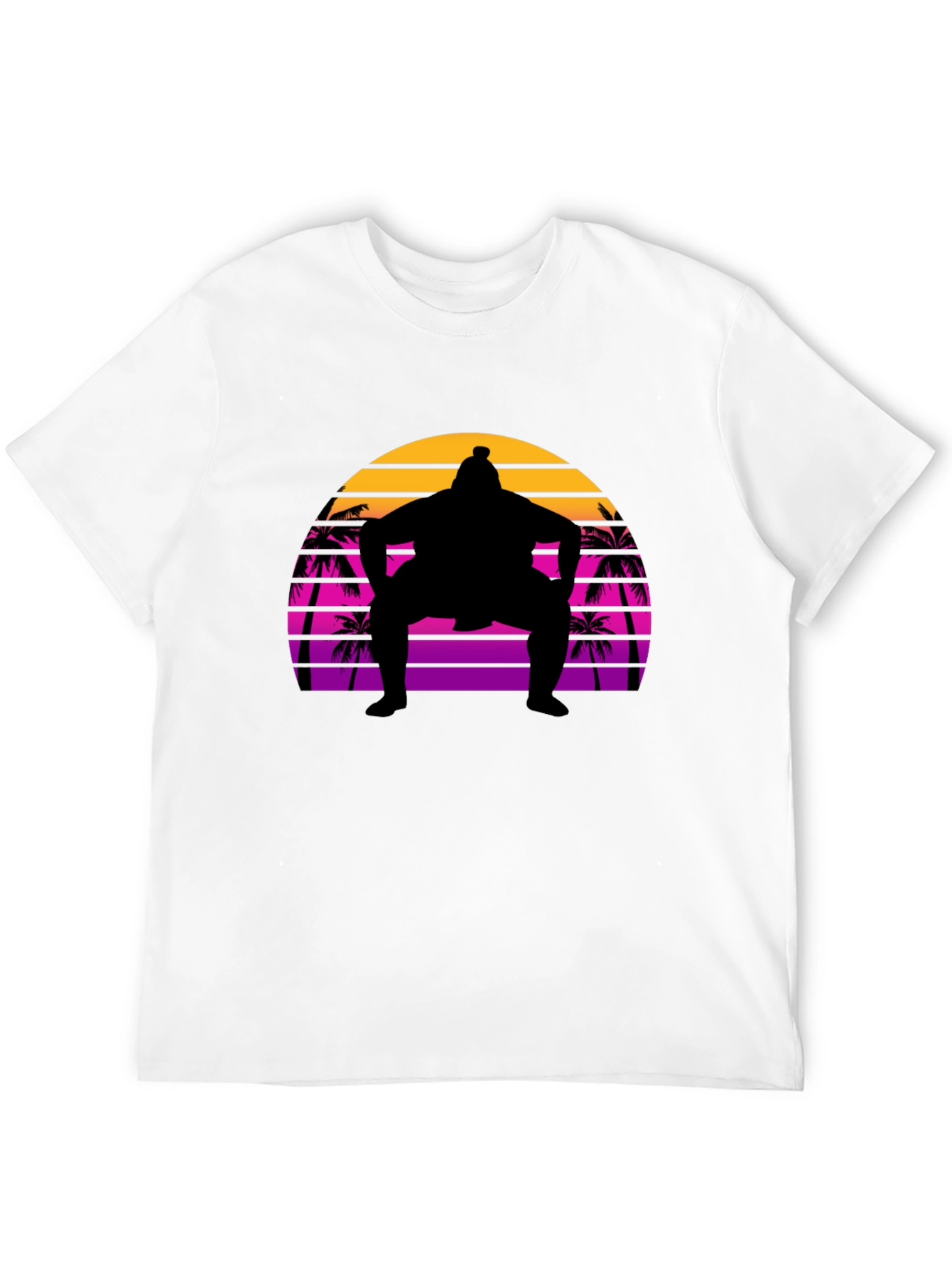Sumo Sunset T-Shirt - Retro Palm Tree Wrestler Tee