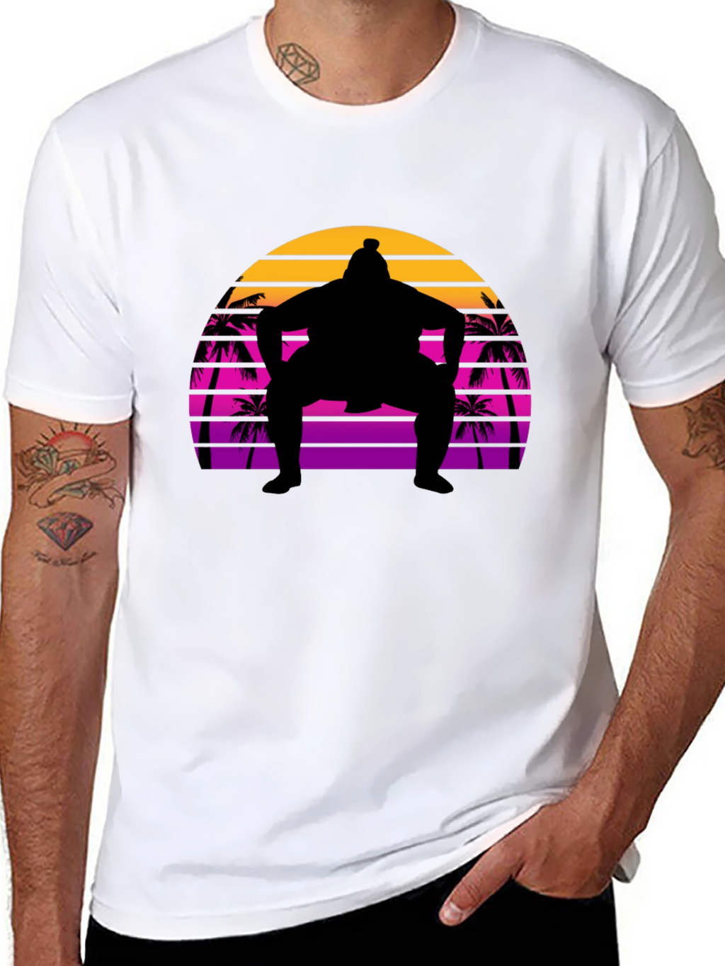 Sumo Sunset T-Shirt - Retro Palm Tree Wrestler Tee