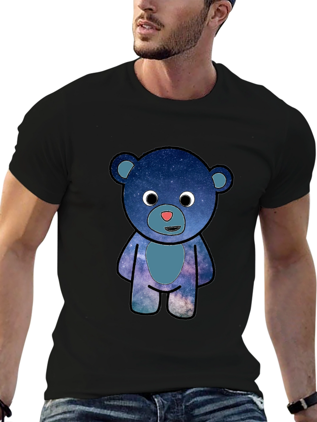Galaxy Bear Graphic T-Shirt - Black Cotton Blend