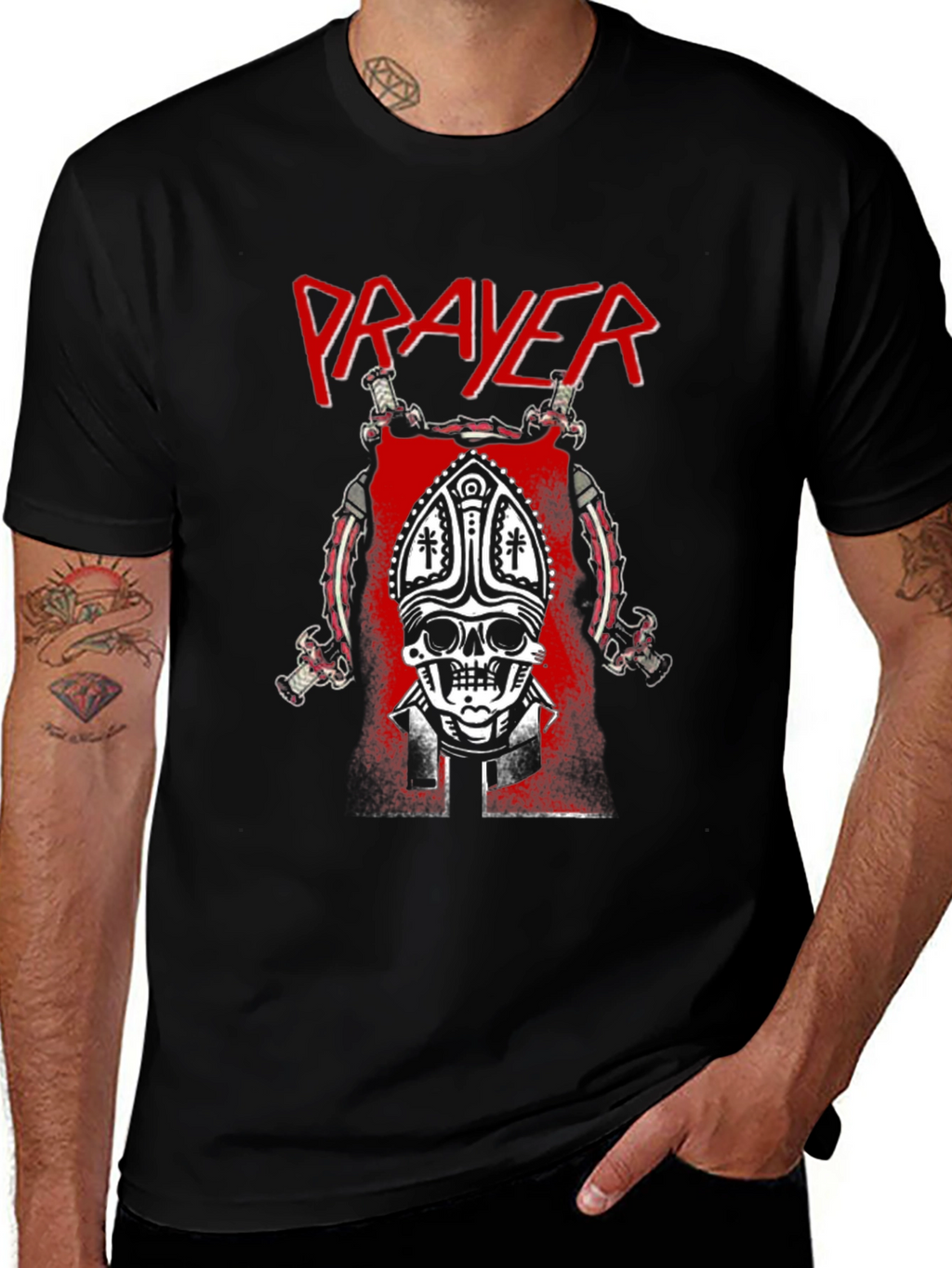 Prayer Skull Graphic T-Shirt - Black Cotton Tee