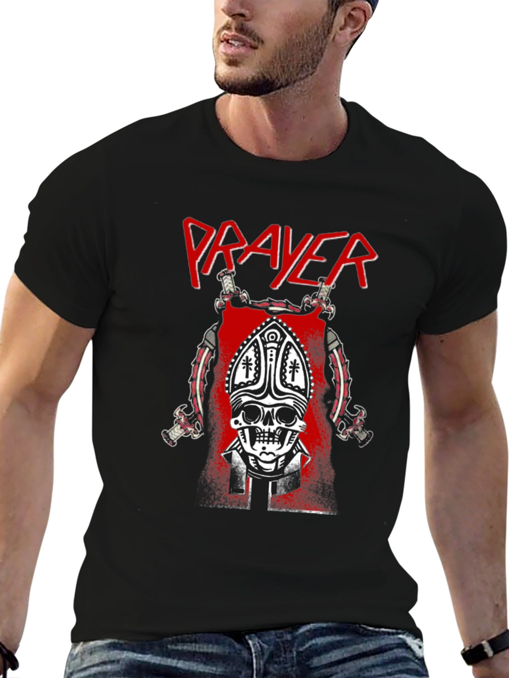 Prayer Skull Graphic T-Shirt - Black Cotton Tee