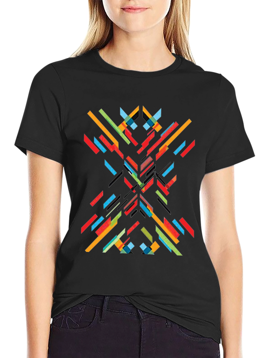 Abstract Geometric Line Art Print Black T-Shirt