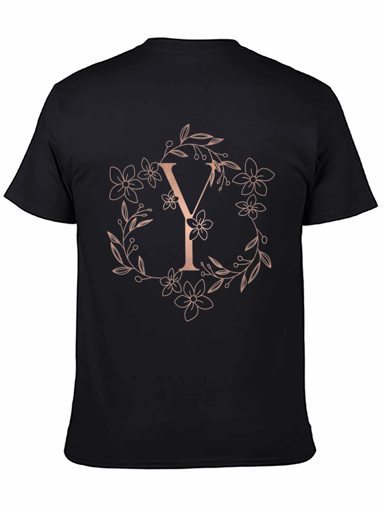 Elegant Letter Y Floral Wreath Black T-Shirt