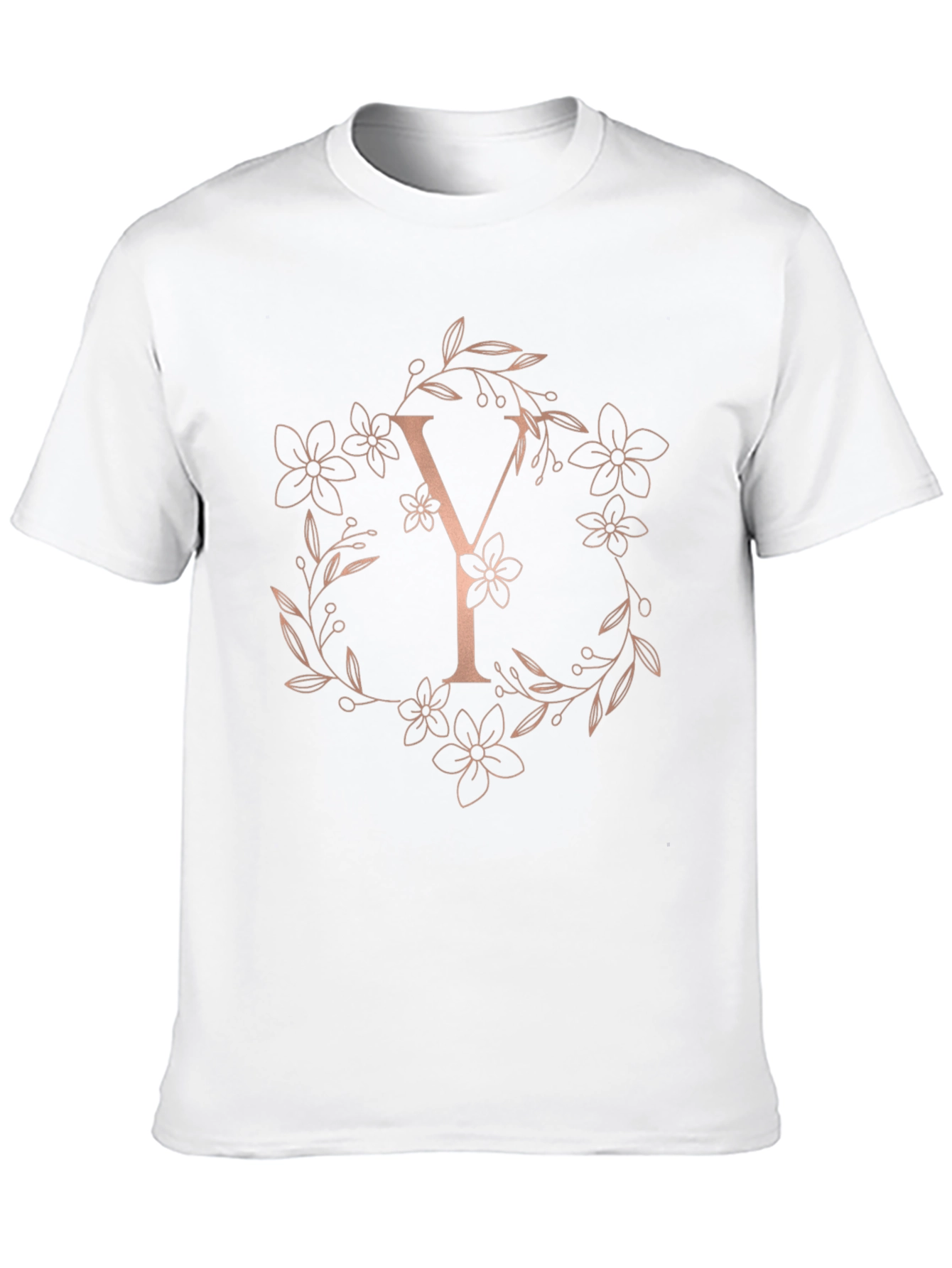 Elegant Letter Y Floral Wreath Black T-Shirt