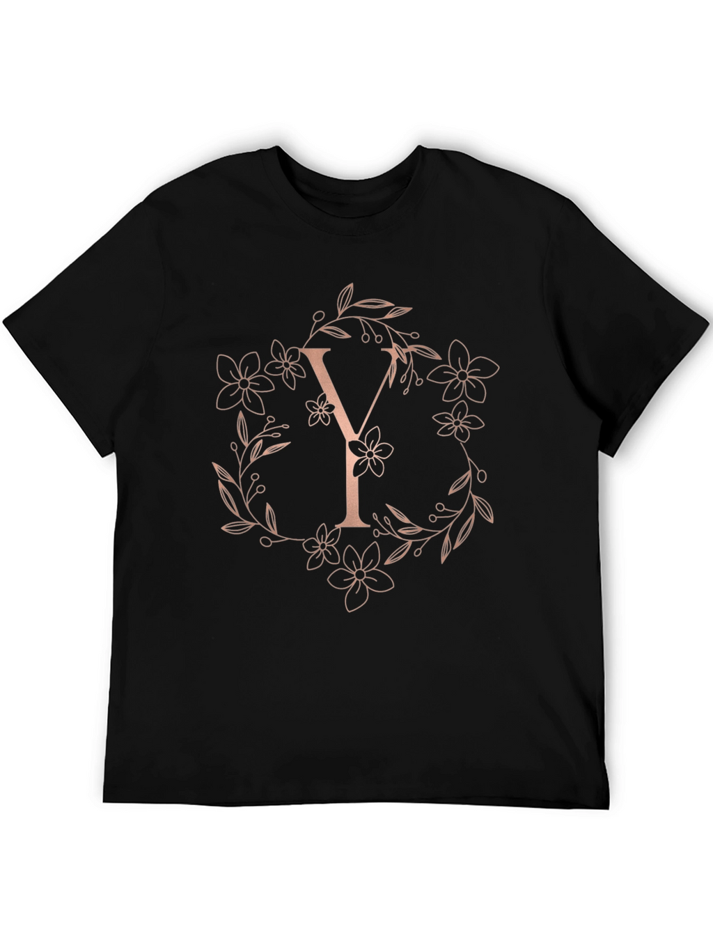 Elegant Letter Y Floral Wreath Black T-Shirt