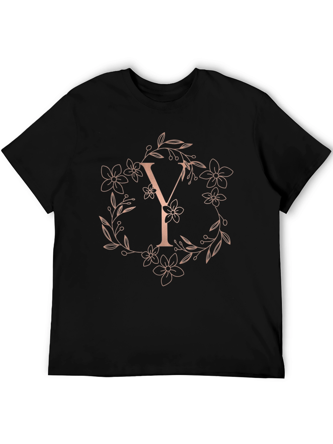 Elegant Letter Y Floral Wreath Black T-Shirt