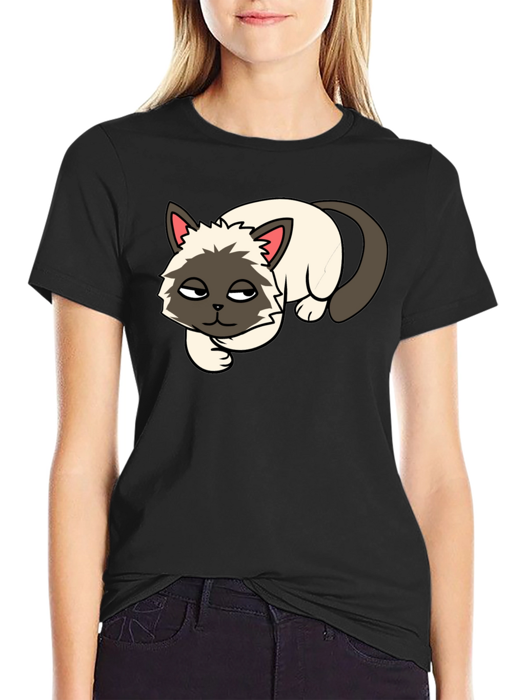 Black T-Shirt with Lazy Cat Graphic