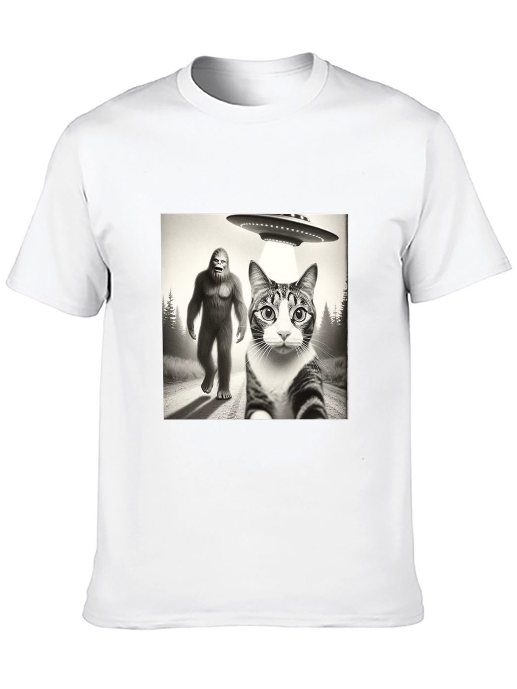 Sasquatch UFO & Cat T-Shirt - Black Novelty Tee