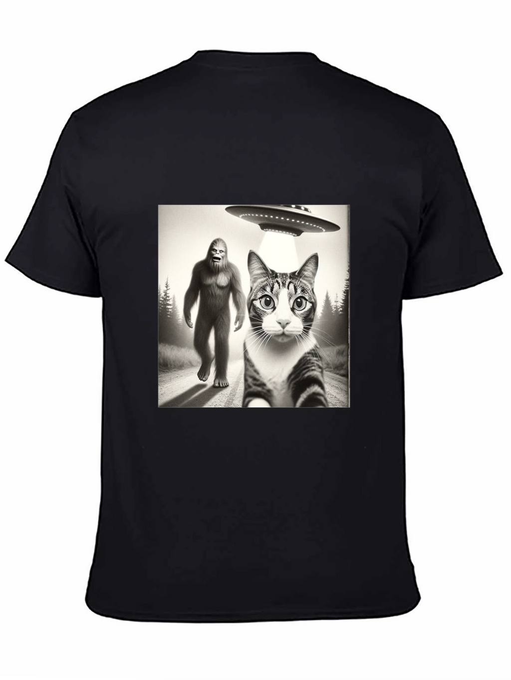 Sasquatch UFO & Cat T-Shirt - Black Novelty Tee