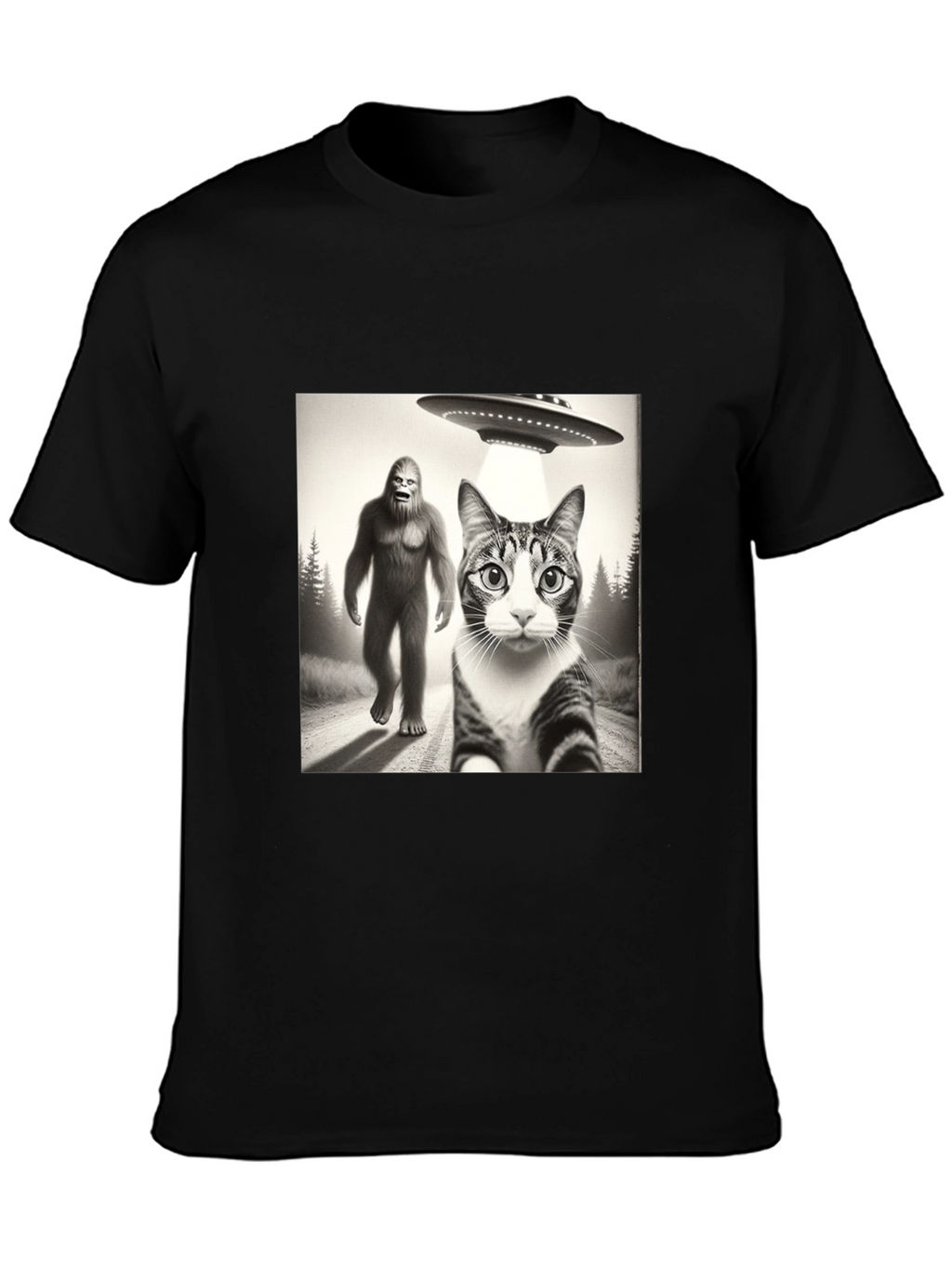 Sasquatch UFO & Cat T-Shirt - Black Novelty Tee